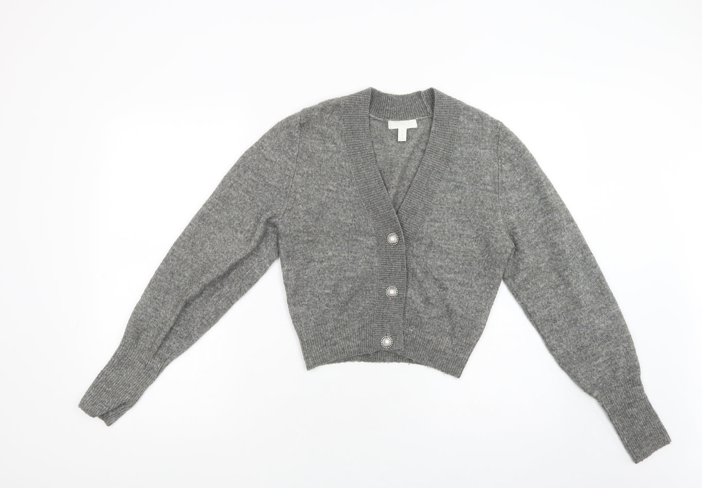 H&M Womens Grey V-Neck  Polyester Cardigan Jumper Size XS   - Pearl Buttons