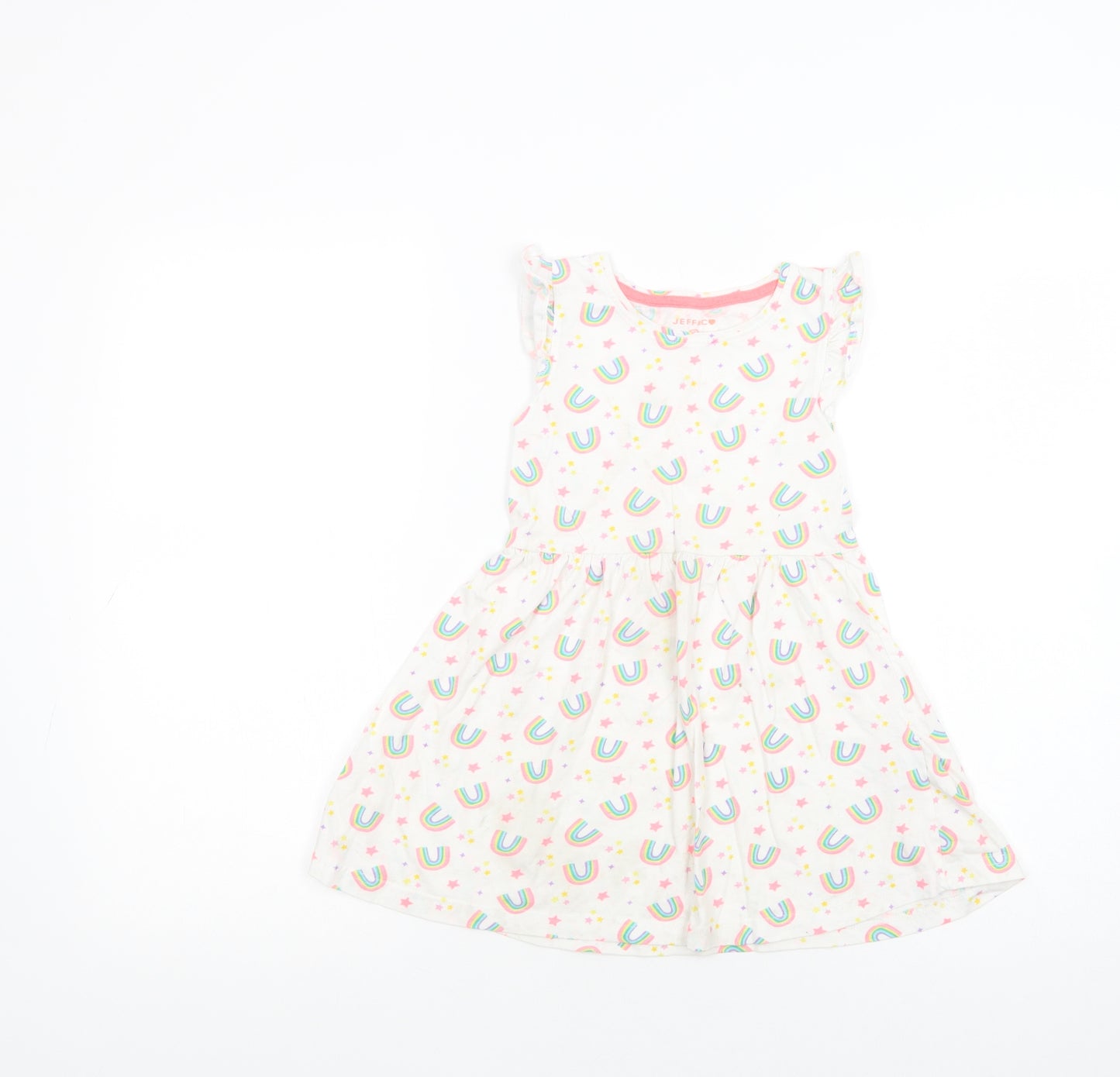 Jeff & Co Girls White Geometric Cotton Fit & Flare  Size 5-6 Years  Crew Neck Pullover - Rainbow Print
