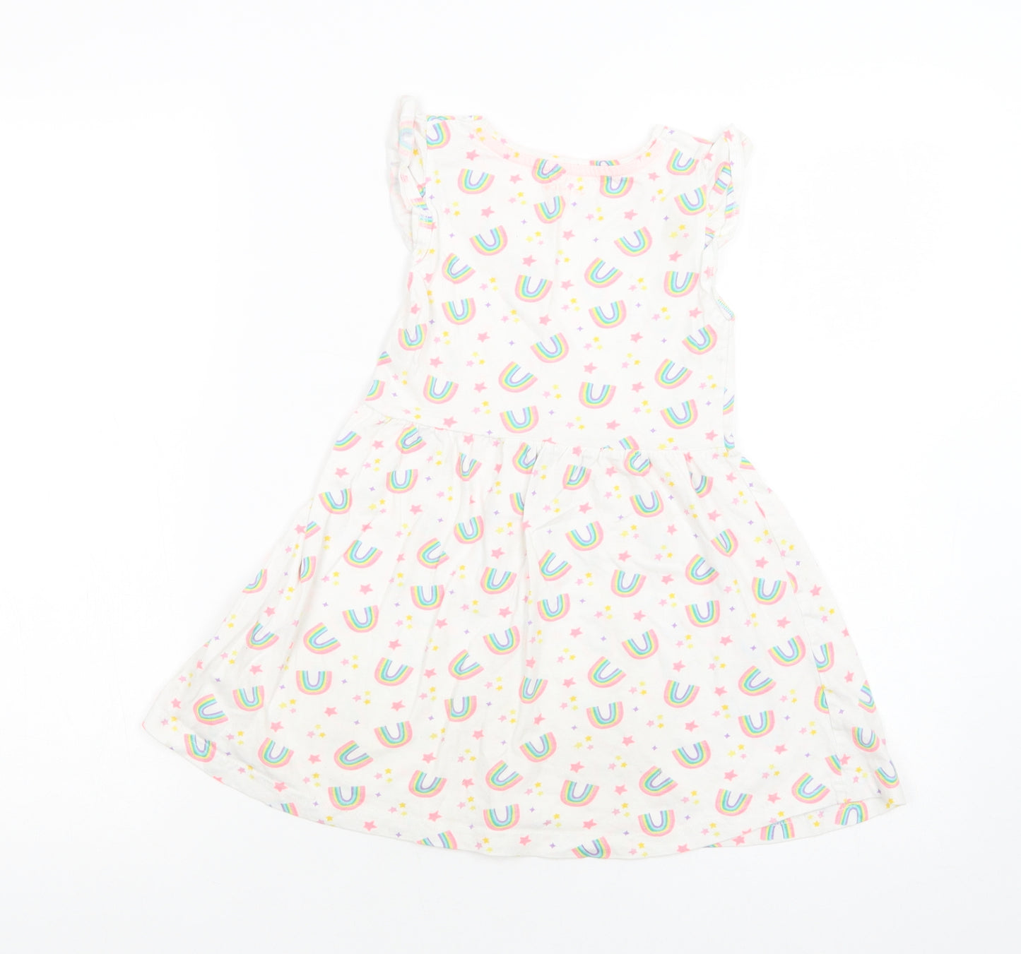 Jeff & Co Girls White Geometric Cotton Fit & Flare  Size 5-6 Years  Crew Neck Pullover - Rainbow Print