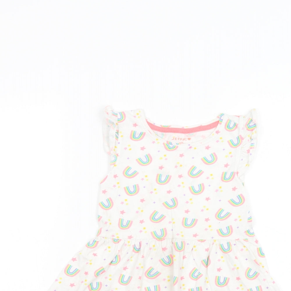Jeff & Co Girls White Geometric Cotton Fit & Flare  Size 5-6 Years  Crew Neck Pullover - Rainbow Print