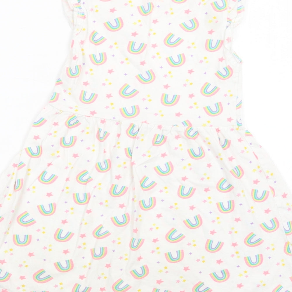 Jeff & Co Girls White Geometric Cotton Fit & Flare  Size 5-6 Years  Crew Neck Pullover - Rainbow Print