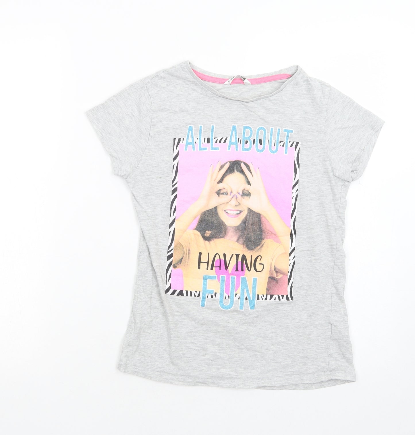 Pep & CO Girls Grey  Cotton Pullover T-Shirt Size 11-12 Years Crew Neck Pullover - Having Fun