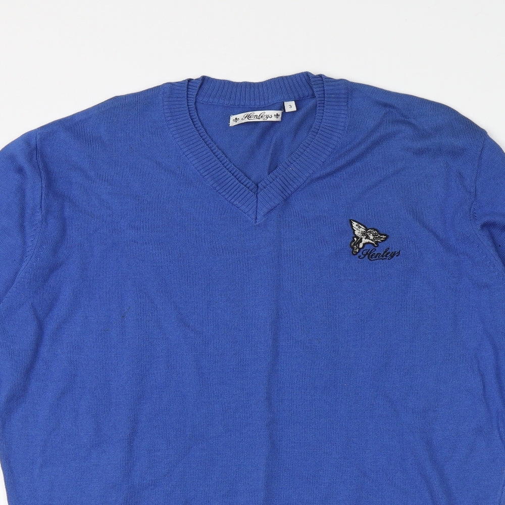 Henleys Mens Blue V-Neck  Cotton Pullover Jumper Size M