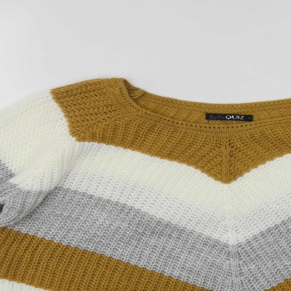Quiz Womens Multicoloured V-Neck Striped Acrylic Pullover Jumper Size L