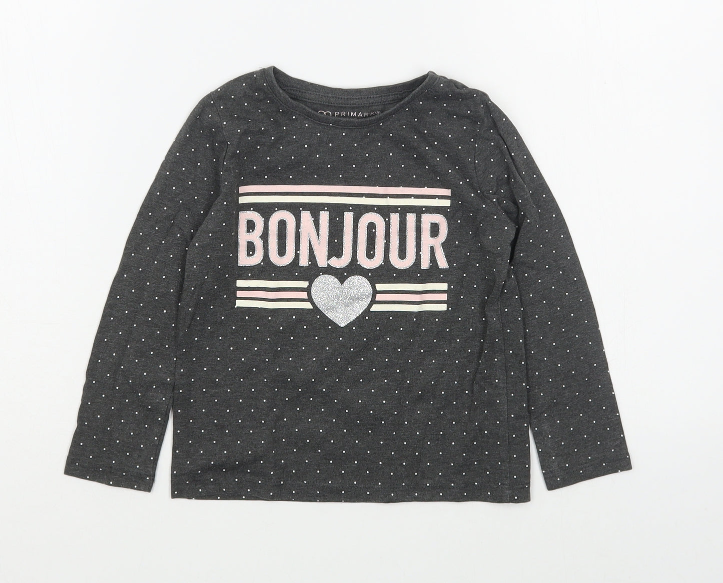 Primark Girls Grey Polka Dot Cotton Basic T-Shirt Size 3-4 Years Round Neck Pullover