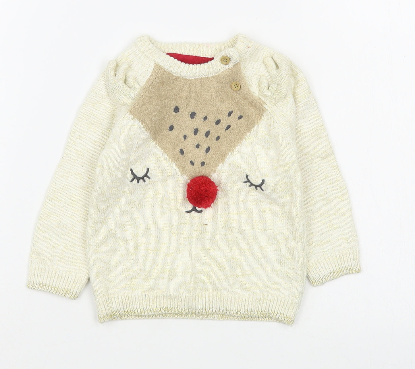 F&F Girls Beige  Cotton Pullover Jumper Size 9-12 Months  Button - Christmas