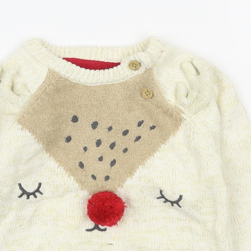 F&F Girls Beige  Cotton Pullover Jumper Size 9-12 Months  Button - Christmas