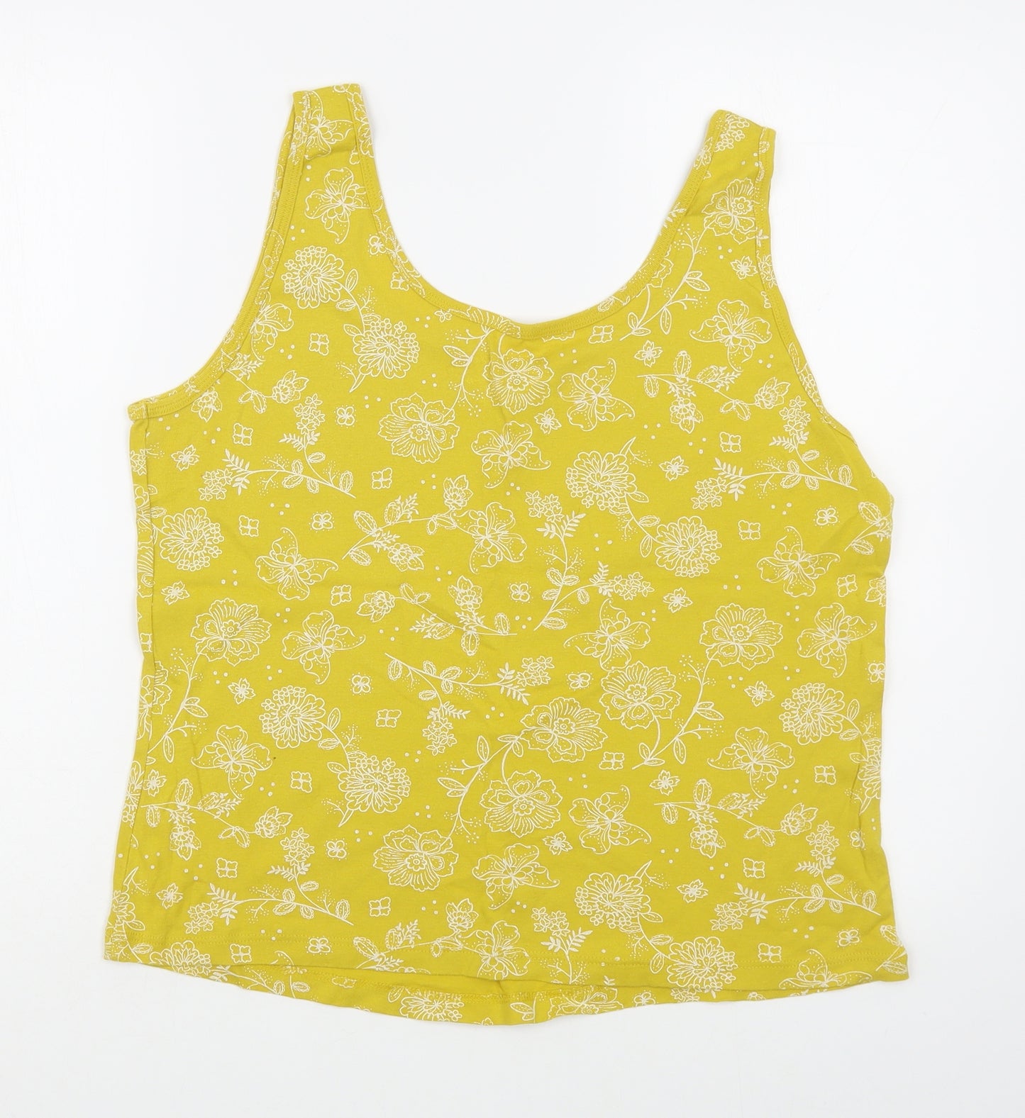 BHS Womens Yellow Floral 100% Cotton Basic T-Shirt Size 18 Scoop Neck