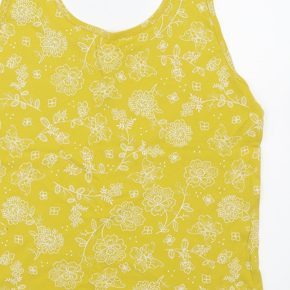 BHS Womens Yellow Floral 100% Cotton Basic T-Shirt Size 18 Scoop Neck