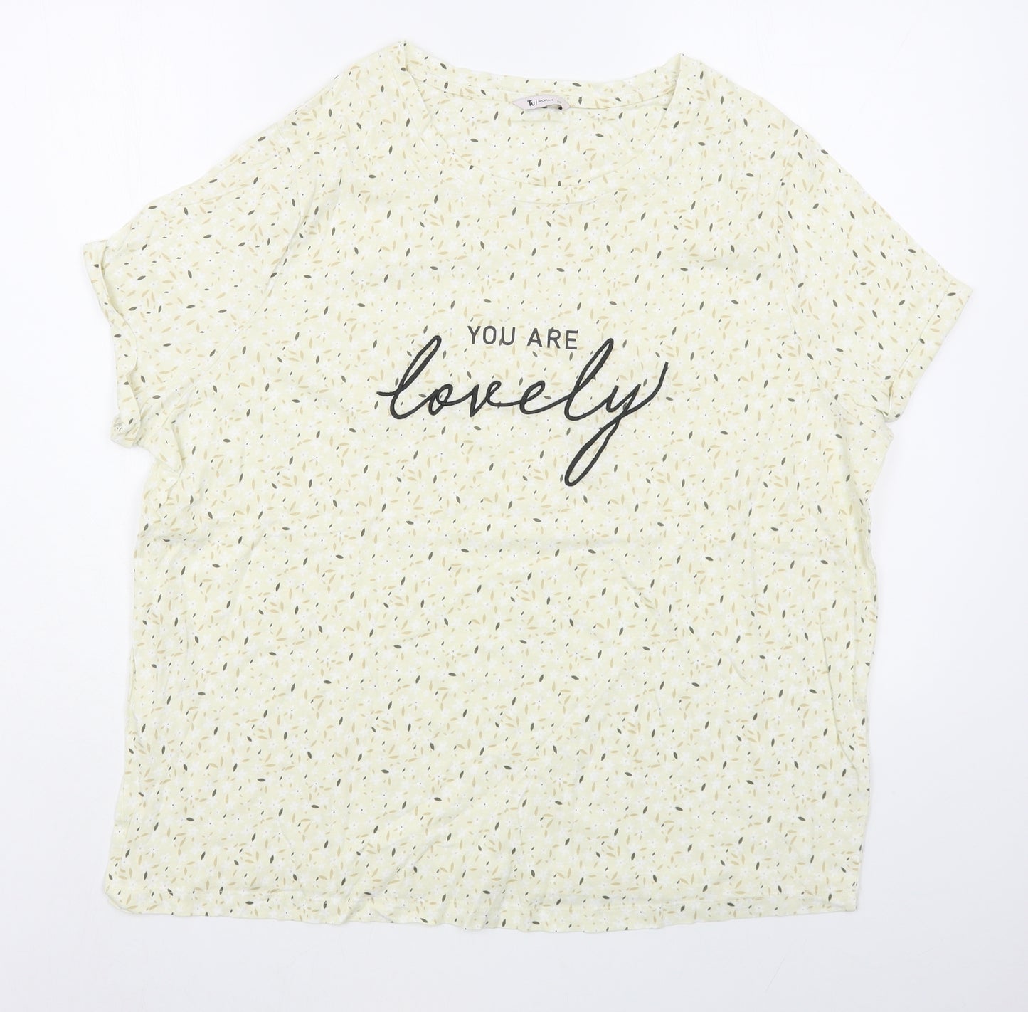 TU Womens Yellow Floral 100% Cotton Basic T-Shirt Size 20 Scoop Neck