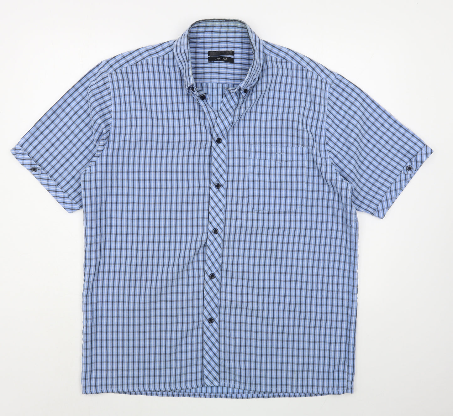 Dunnes Stores Mens Blue Plaid Polyester  Button-Up Size L Collared Button