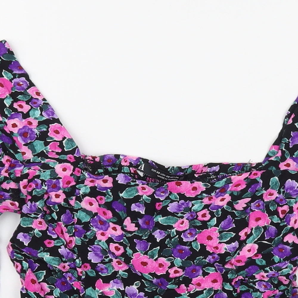 Zara Womens Purple Floral Viscose Basic Blouse Size XS Square Neck