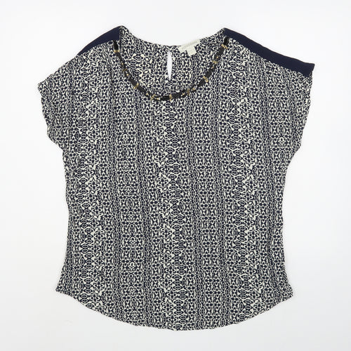 Monsoon Womens Blue Geometric Viscose Basic Blouse Size 14 Scoop Neck