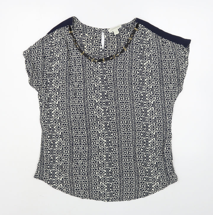 Monsoon Womens Blue Geometric Viscose Basic Blouse Size 14 Scoop Neck