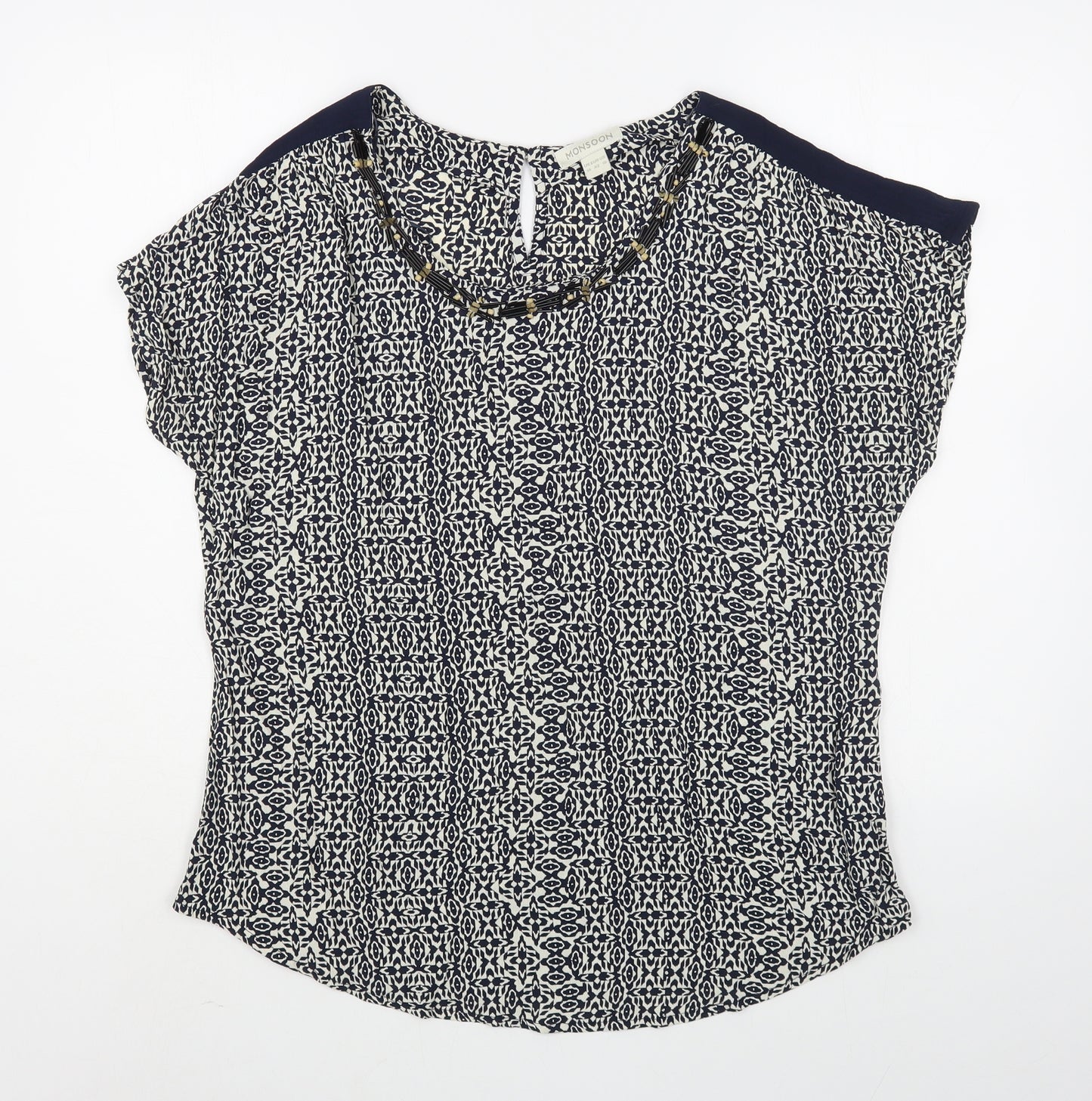 Monsoon Womens Blue Geometric Viscose Basic Blouse Size 14 Scoop Neck