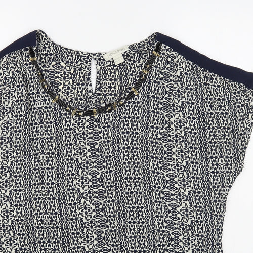 Monsoon Womens Blue Geometric Viscose Basic Blouse Size 14 Scoop Neck