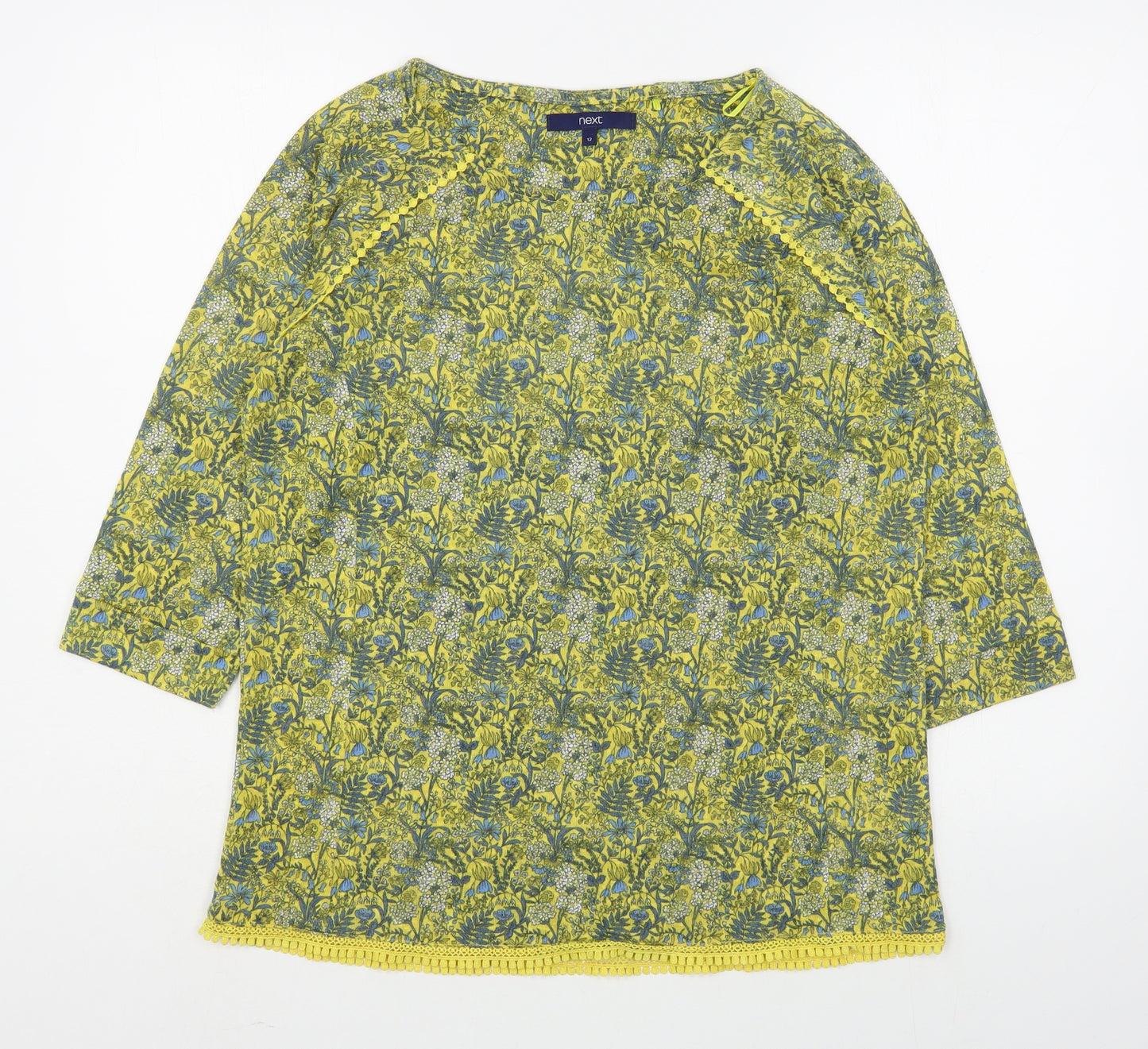 NEXT Womens Yellow Floral Polyester Basic T-Shirt Size 12 Boat Neck
