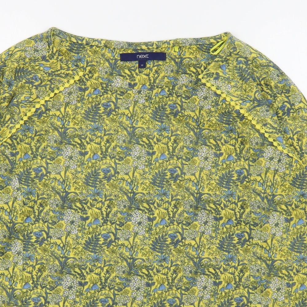 NEXT Womens Yellow Floral Polyester Basic T-Shirt Size 12 Boat Neck