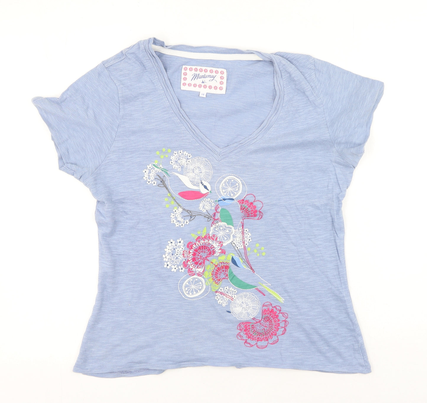 Mantaray  Womens Black Floral Cotton Basic T-Shirt Size M V-Neck
