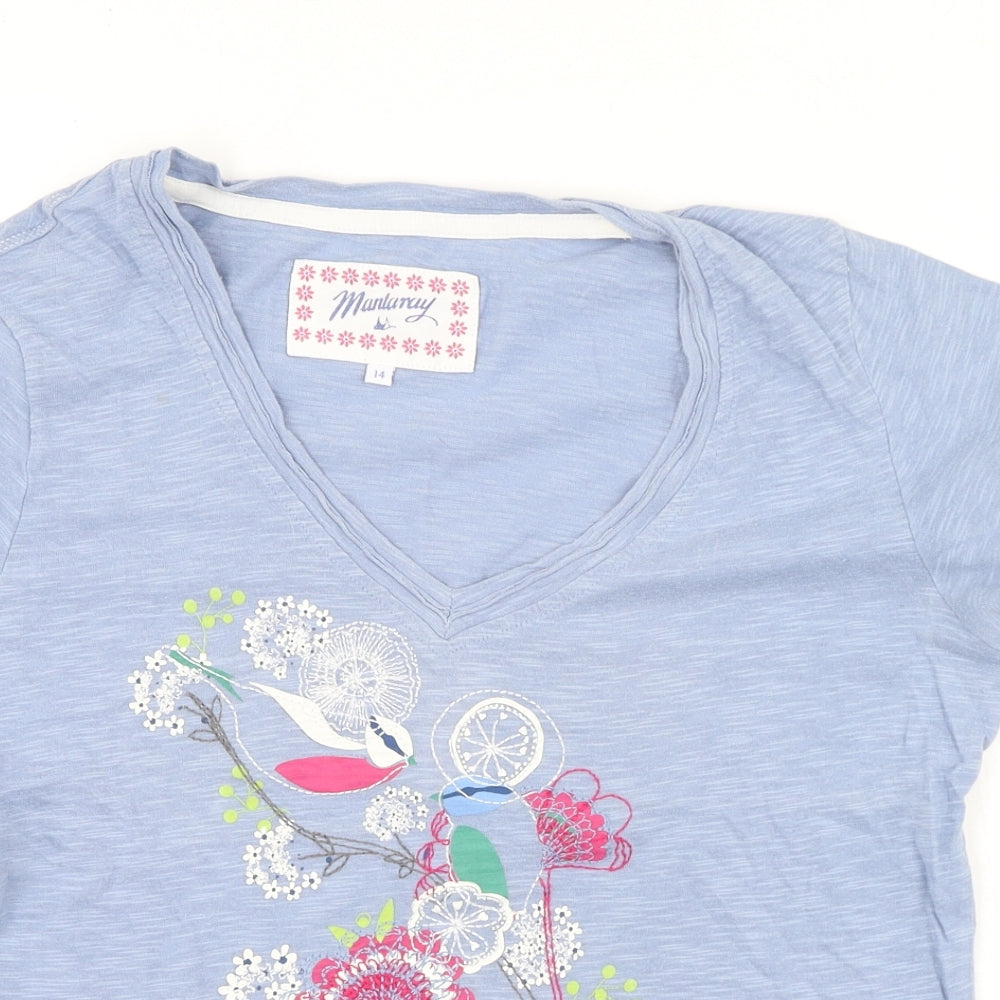 Mantaray  Womens Black Floral Cotton Basic T-Shirt Size M V-Neck