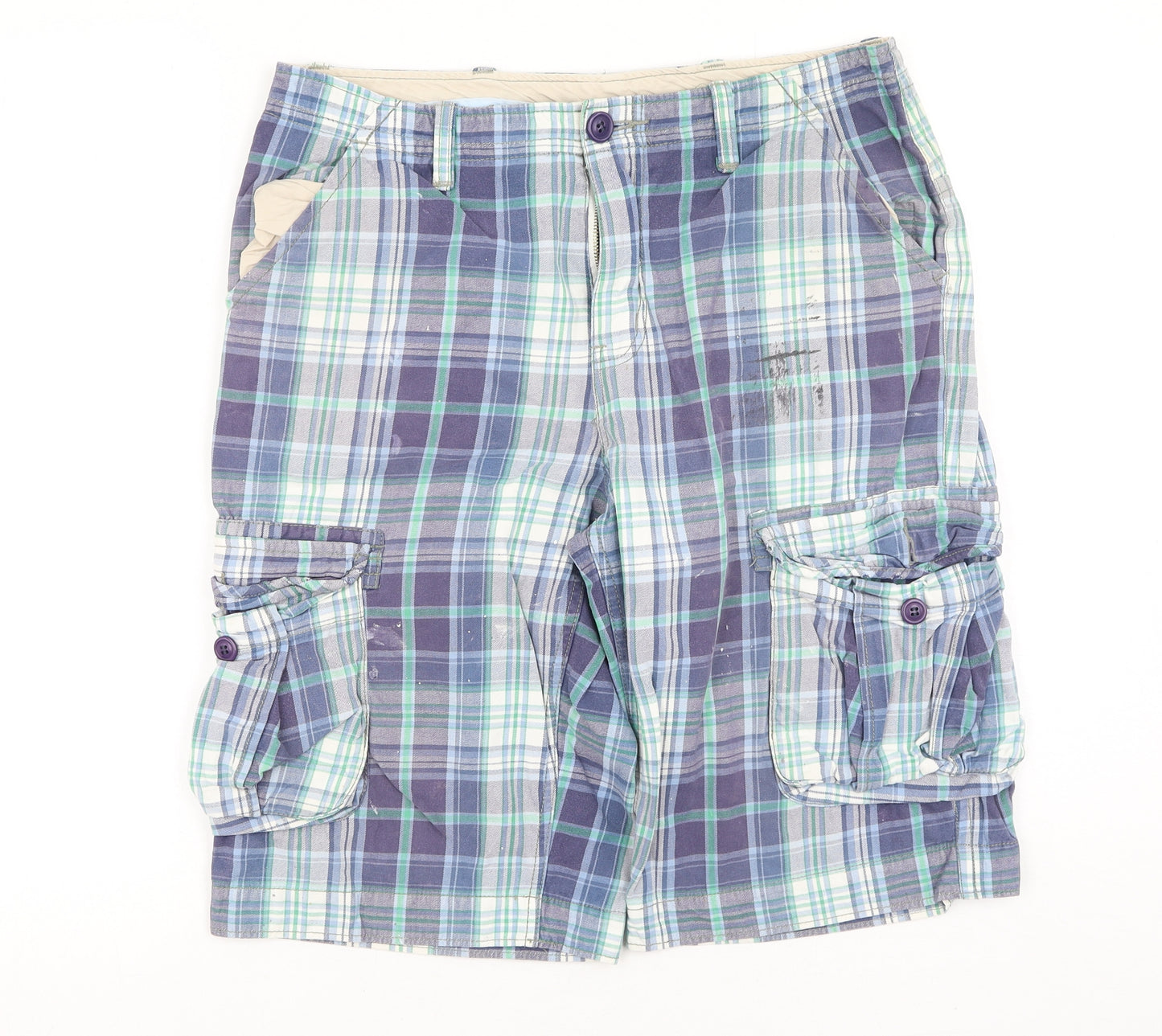 ASOS Mens Blue Plaid Cotton Cargo Shorts Size 32 L12 in Regular  - small stains on front