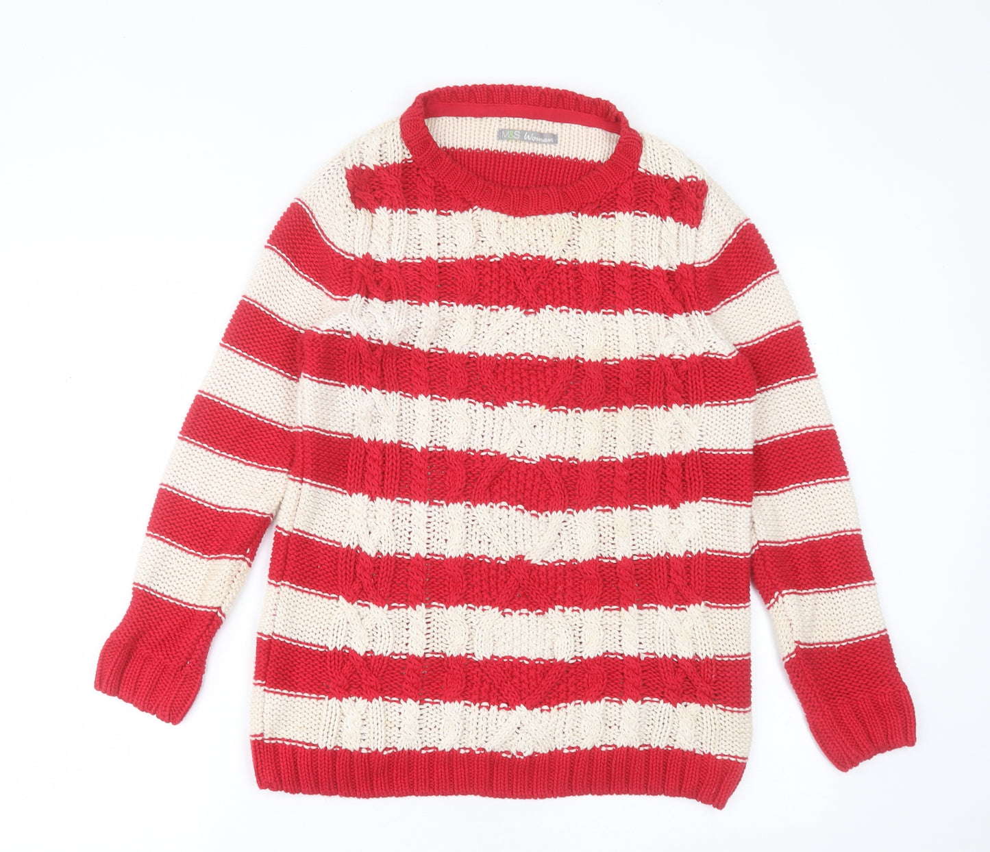 Marks and Spencer Womens Red Collared Striped Cotton Pullover Jumper Size 10