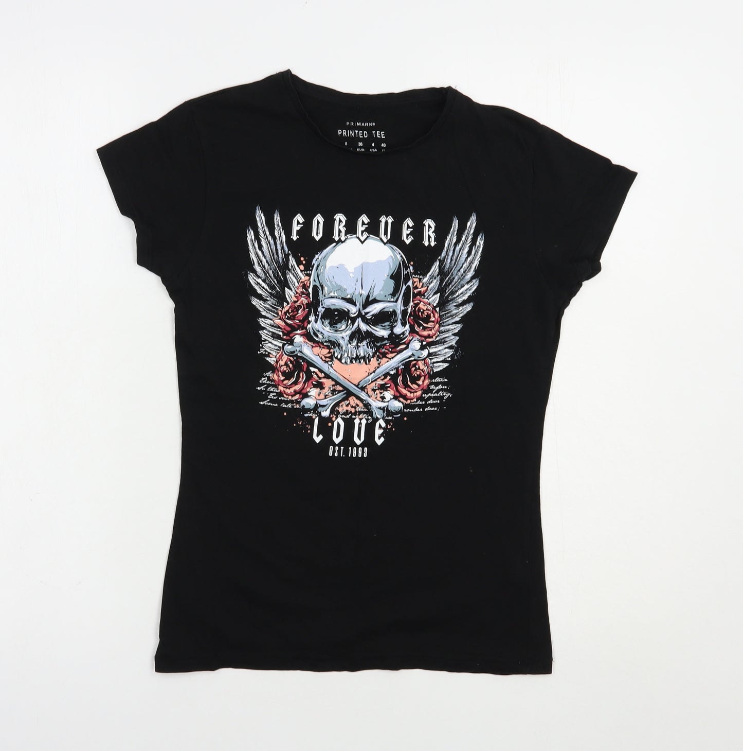 Primark Womens Black  Cotton Basic T-Shirt Size 8 Crew Neck - Skull