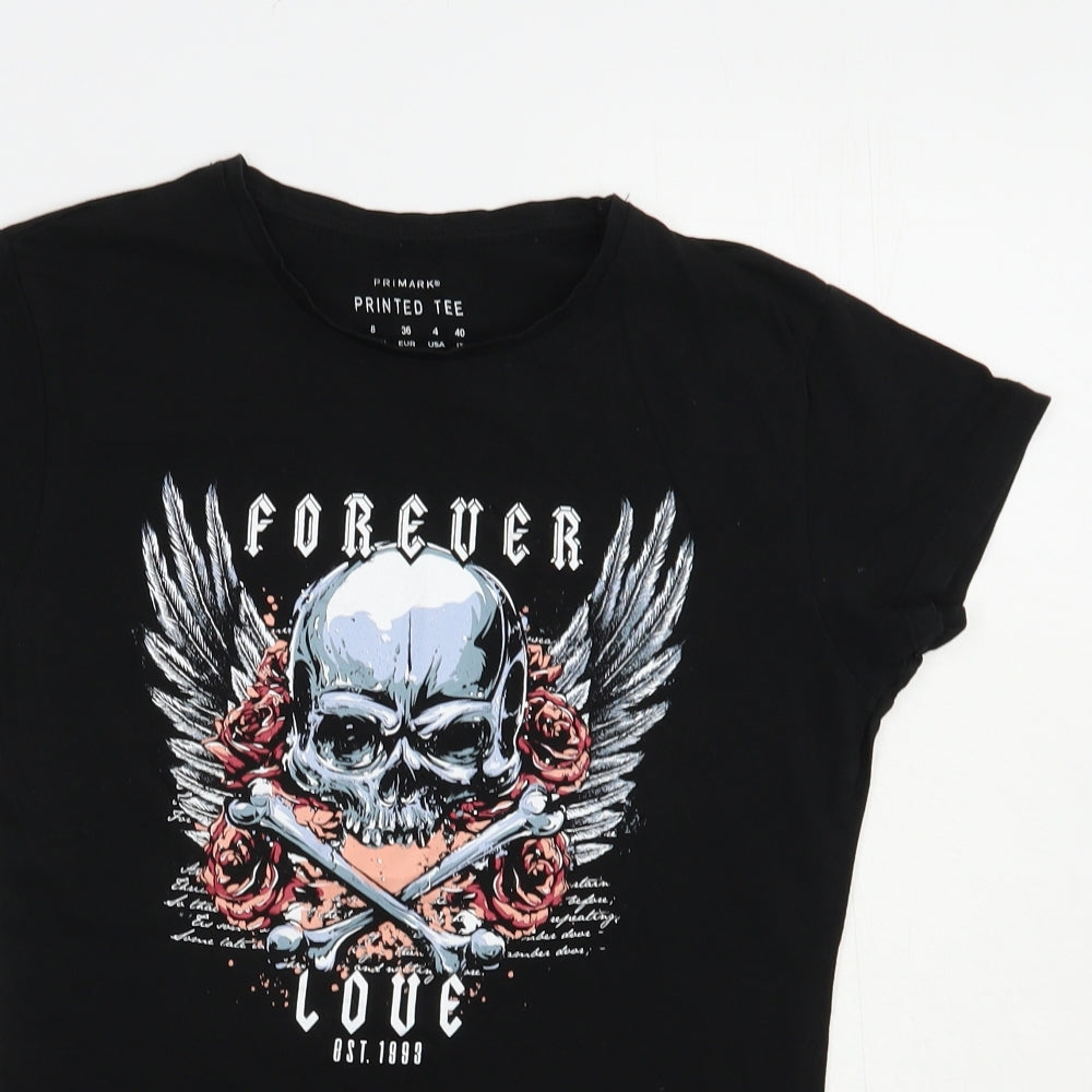 Primark Womens Black  Cotton Basic T-Shirt Size 8 Crew Neck - Skull