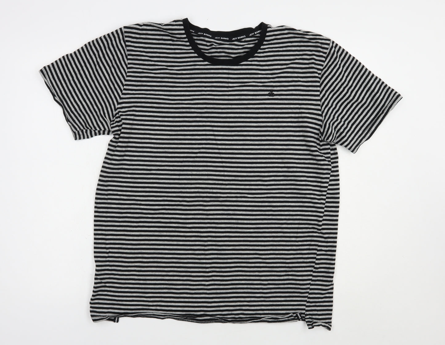 Jeff Banks Mens Grey Striped Cotton  T-Shirt Size L Crew Neck