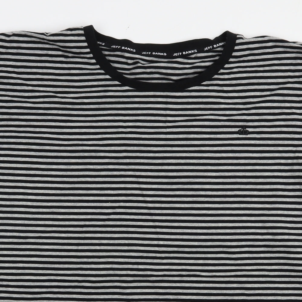 Jeff Banks Mens Grey Striped Cotton  T-Shirt Size L Crew Neck