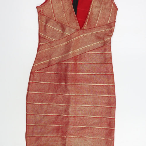 Parisian Collection Womens Red Striped Polyester Bodycon  Size 10  V-Neck Zip