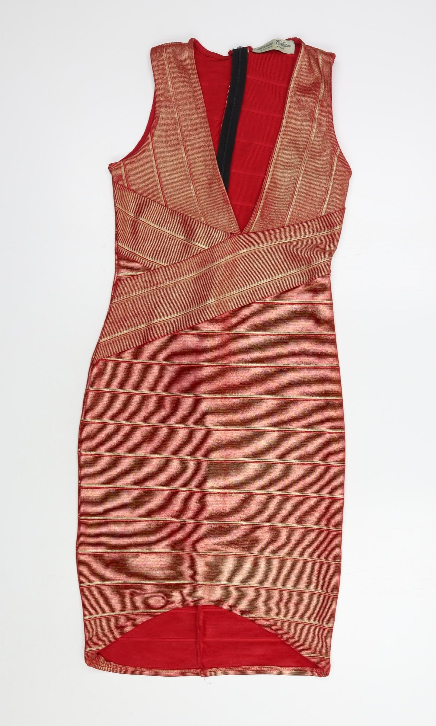 Parisian Collection Womens Red Striped Polyester Bodycon  Size 10  V-Neck Zip