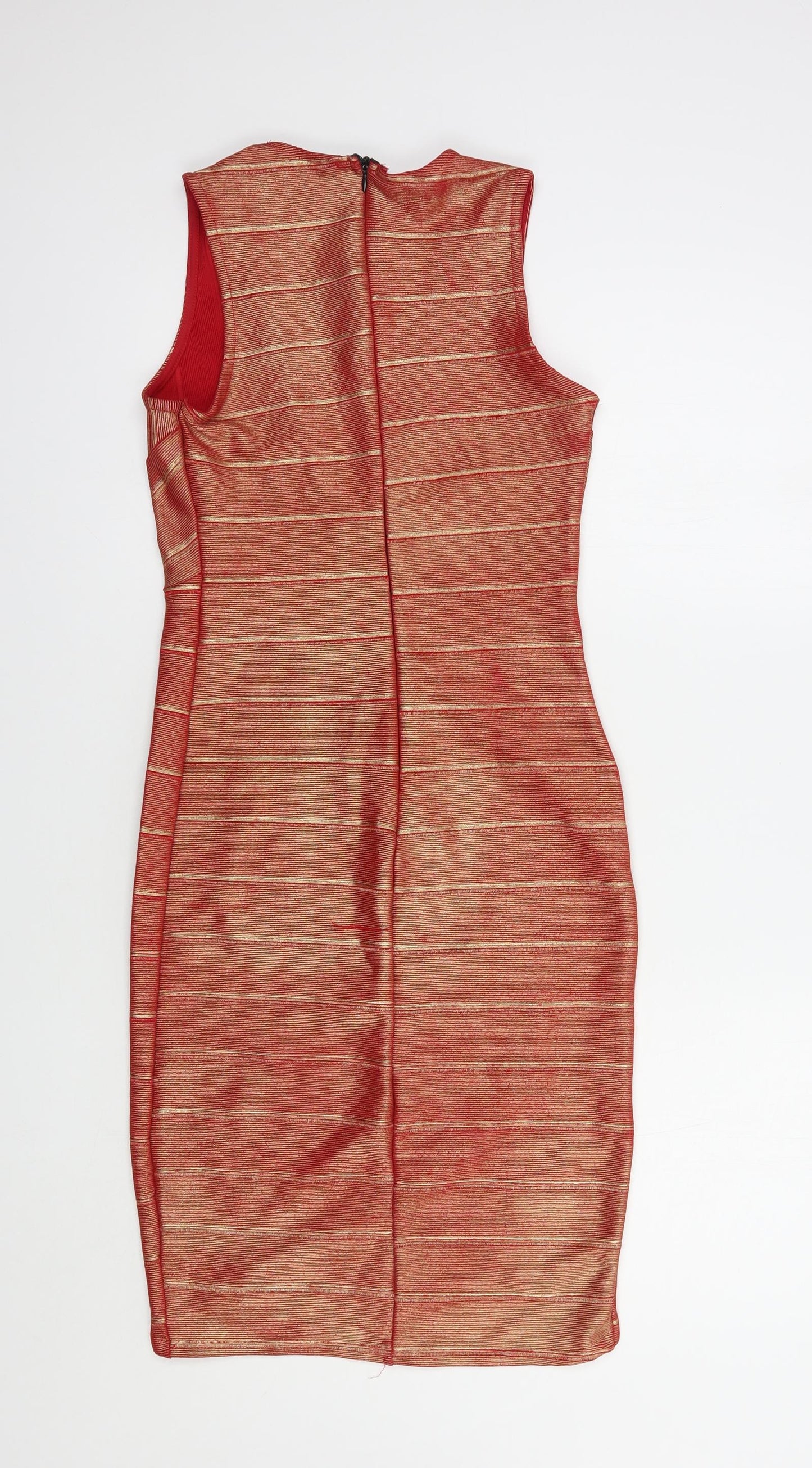 Parisian Collection Womens Red Striped Polyester Bodycon  Size 10  V-Neck Zip