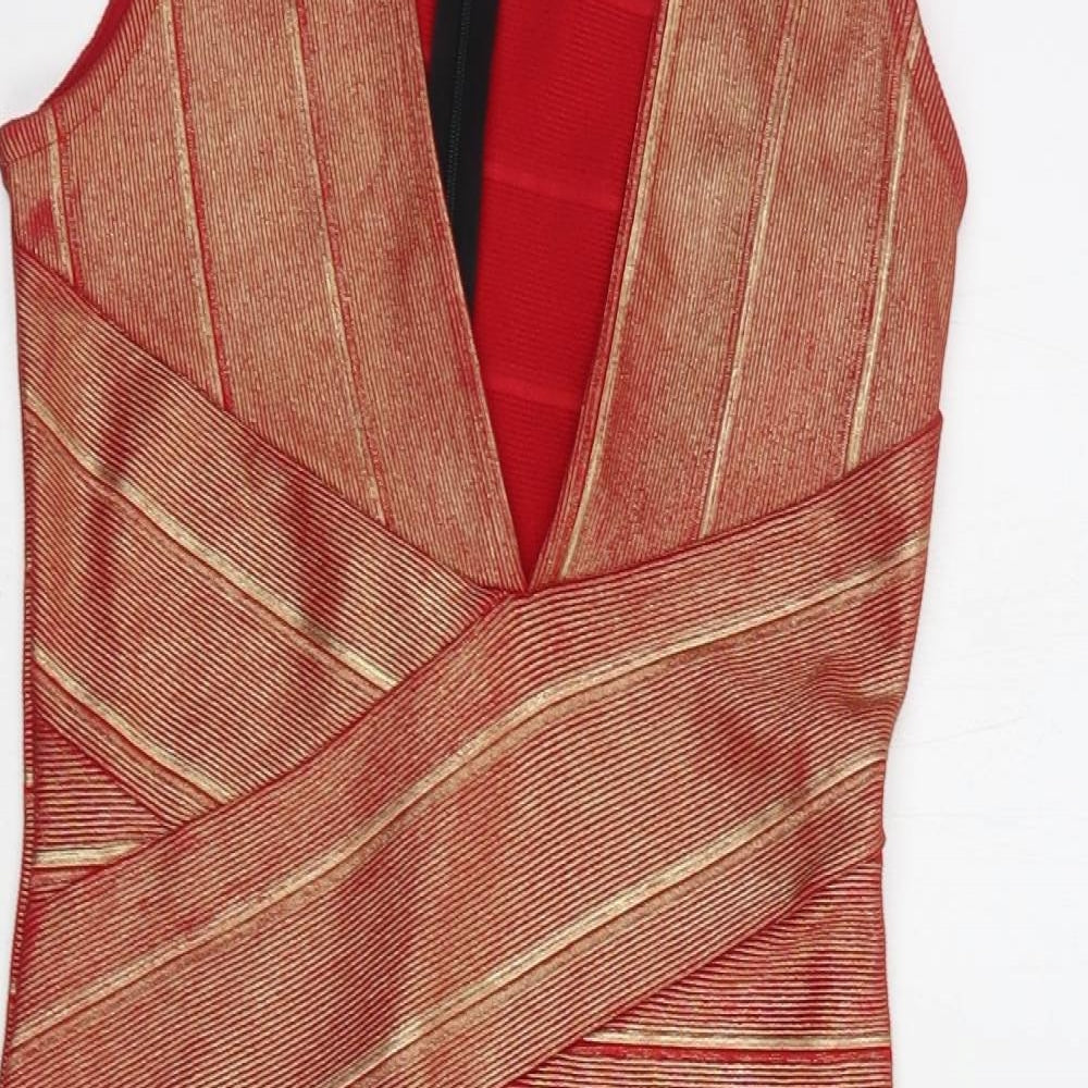 Parisian Collection Womens Red Striped Polyester Bodycon  Size 10  V-Neck Zip