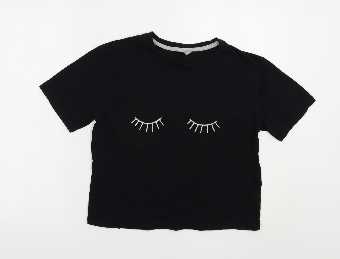 Preworn Womens Black  Cotton Basic T-Shirt Size 6 Crew Neck - Eyelashes