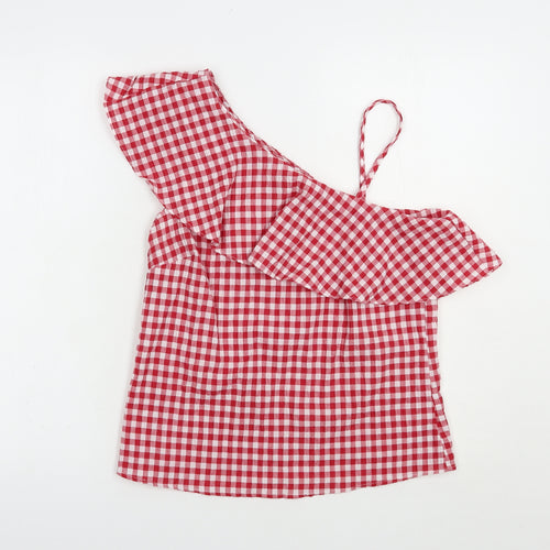 New LKook Womens Red Check Polyester Basic Blouse Size 8 One Shoulder