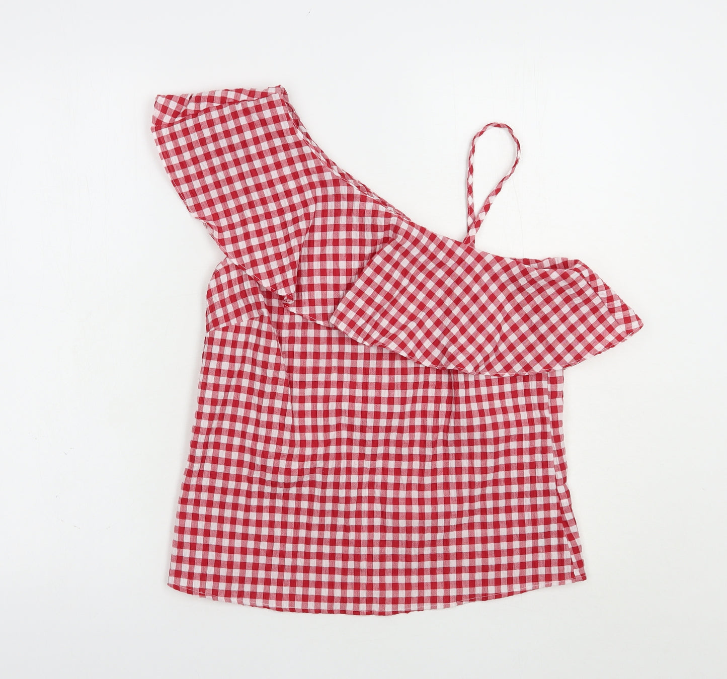 New LKook Womens Red Check Polyester Basic Blouse Size 8 One Shoulder