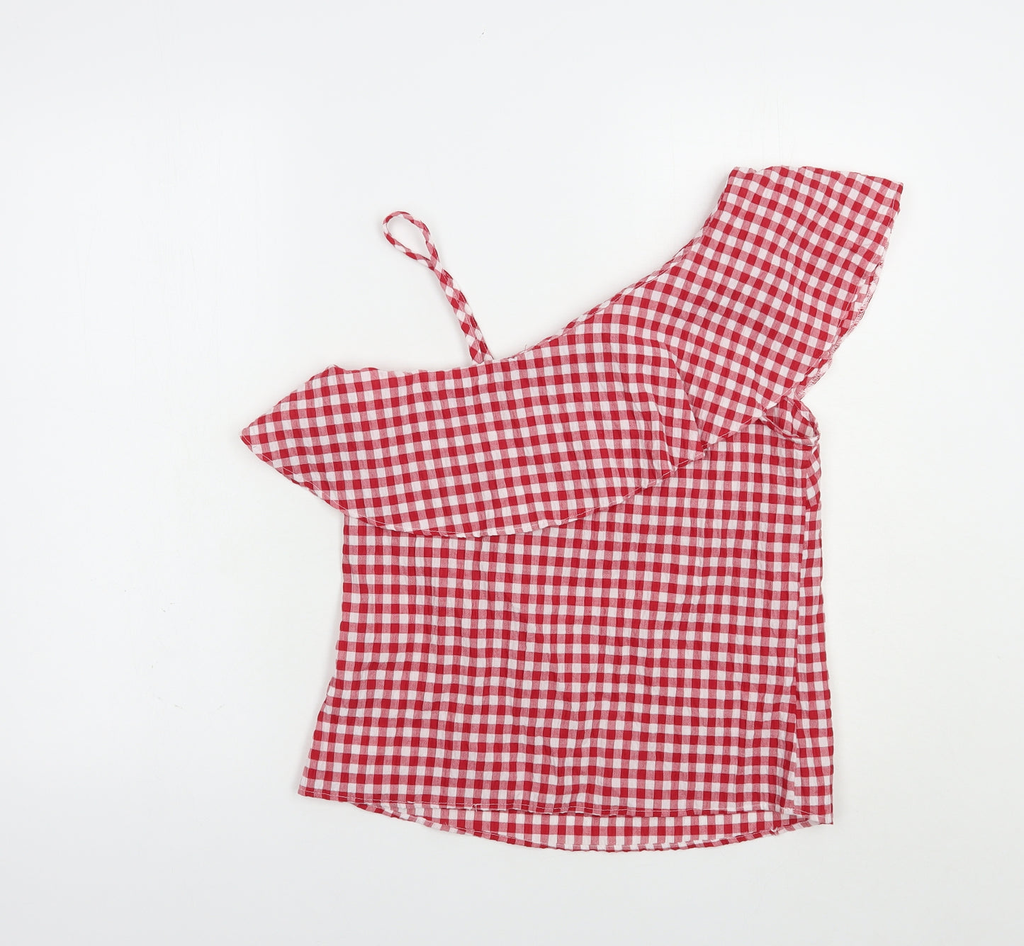 New LKook Womens Red Check Polyester Basic Blouse Size 8 One Shoulder