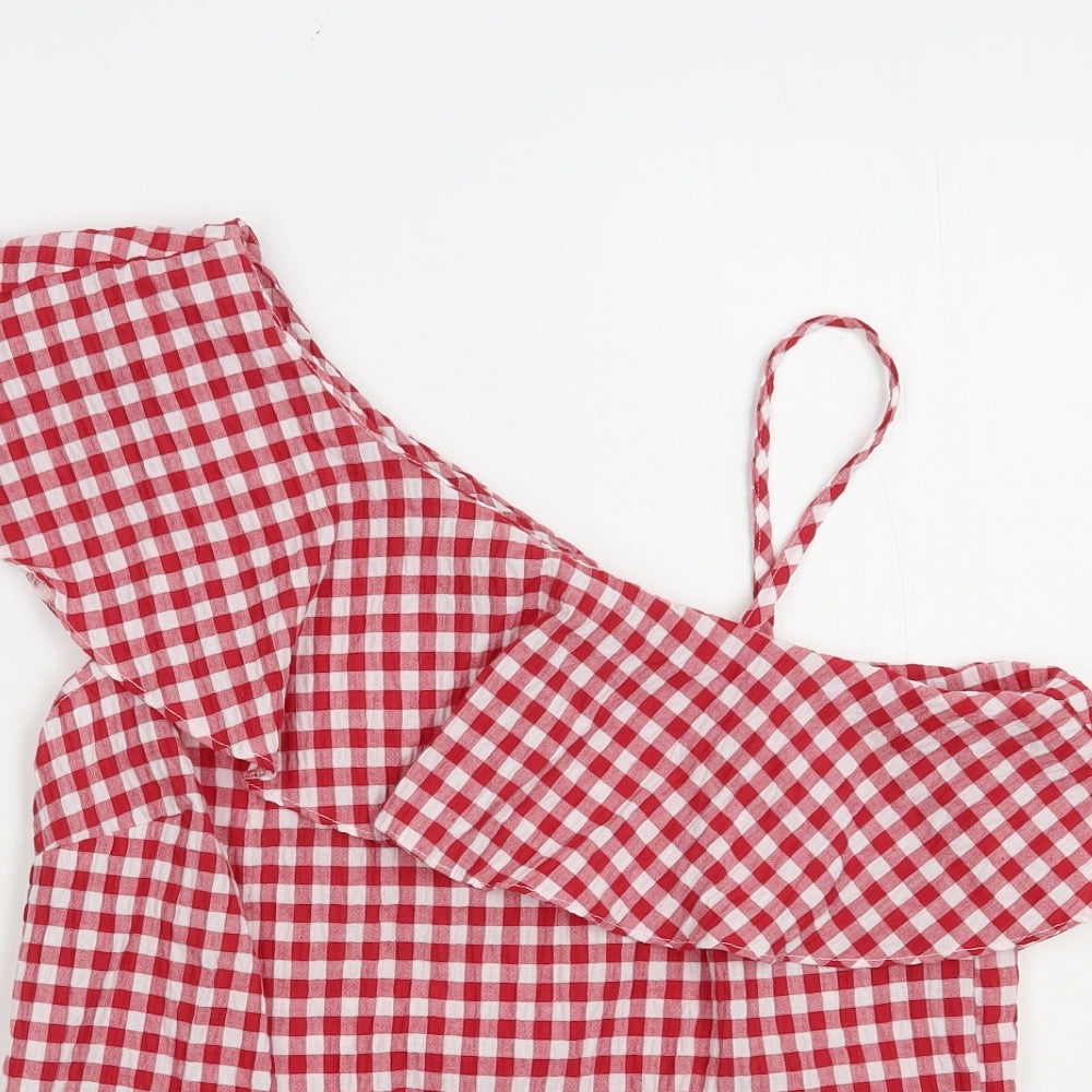New LKook Womens Red Check Polyester Basic Blouse Size 8 One Shoulder