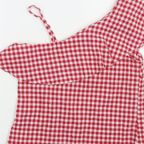 New LKook Womens Red Check Polyester Basic Blouse Size 8 One Shoulder