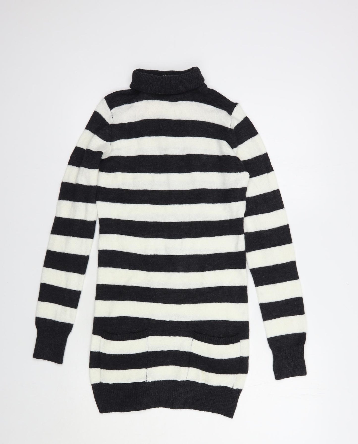 Select Womens White Roll Neck Striped Acrylic Tunic Jumper Size 10