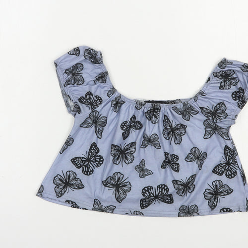 In the Style Womens Blue Geometric Polyester Cropped Blouse Size 6 Off the Shoulder - Butterfly Print
