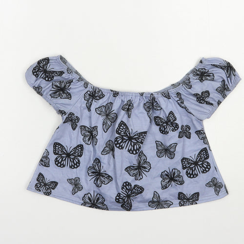 In the Style Womens Blue Geometric Polyester Cropped Blouse Size 6 Off the Shoulder - Butterfly Print