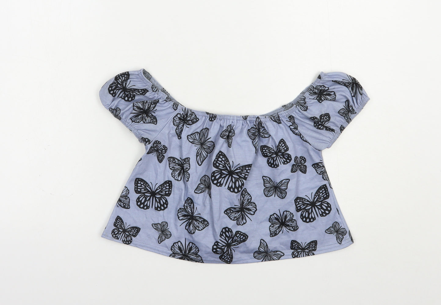 In the Style Womens Blue Geometric Polyester Cropped Blouse Size 6 Off the Shoulder - Butterfly Print
