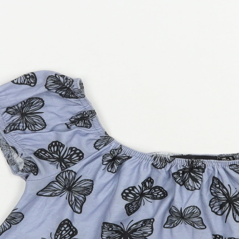 In the Style Womens Blue Geometric Polyester Cropped Blouse Size 6 Off the Shoulder - Butterfly Print