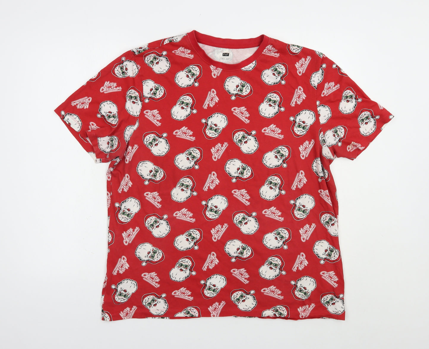 F&F Mens Red  Cotton  T-Shirt Size XL Crew Neck  - Santa Print
