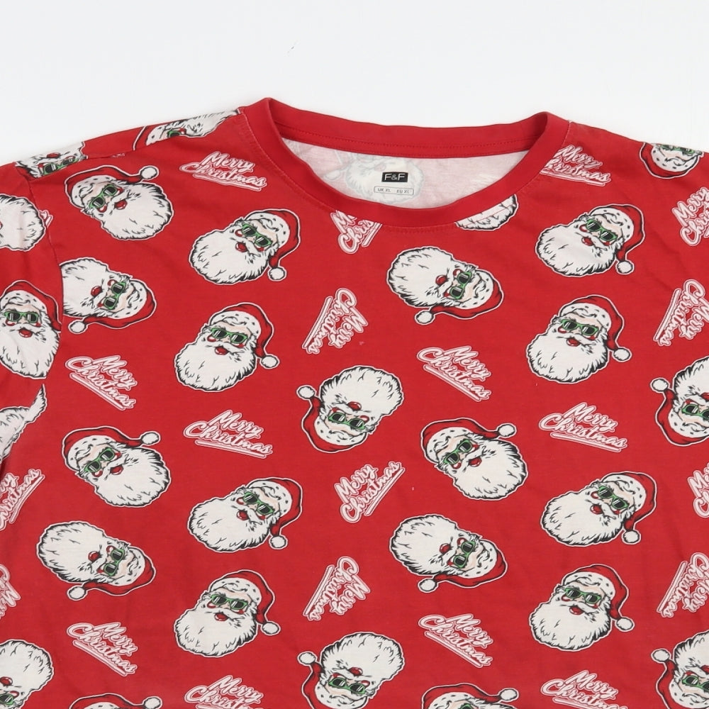 F&F Mens Red  Cotton  T-Shirt Size XL Crew Neck  - Santa Print