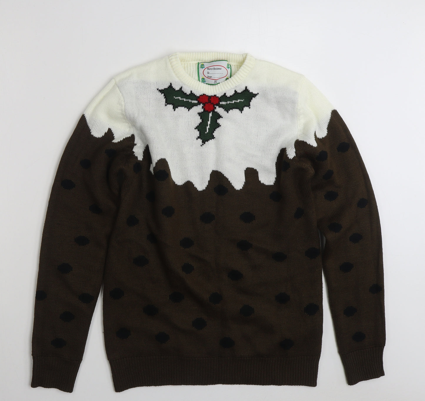 Primark Mens Brown Crew Neck Polka Dot Acrylic Pullover Jumper Size S   - Christmas