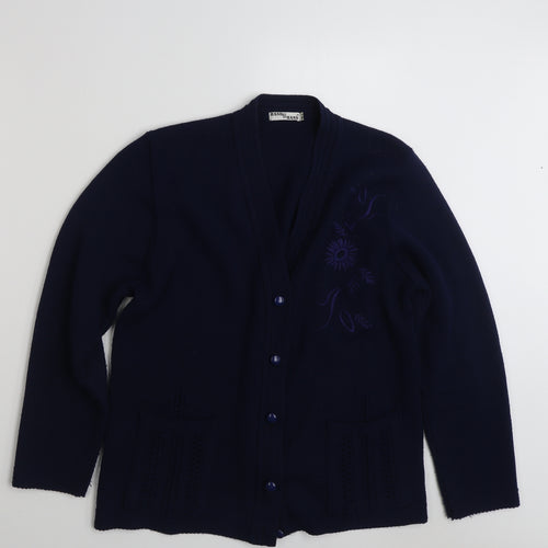 Hand to Hand  Womens Blue V-Neck Floral Acrylic Cardigan Jumper Size M