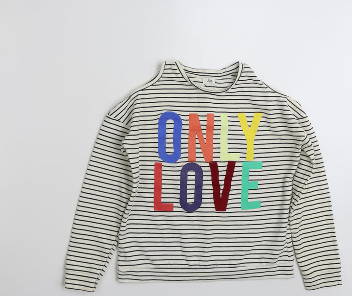 River Island Girls White Striped Cotton Pullover Sweatshirt Size 11-12 Years Pullover - Only Love